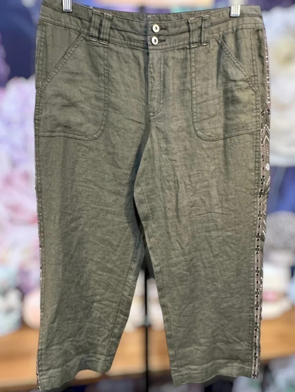 100% Linen Embroidered Sequins Wide Leg Pants 12 Boho Southwestern Coastal